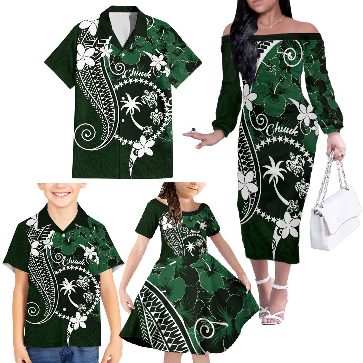 FSM Chuuk Family Matching Off The Shoulder Long Sleeve Dress and Hawaiian Shirt Turtle Tropical Flowers Polynesian - Green