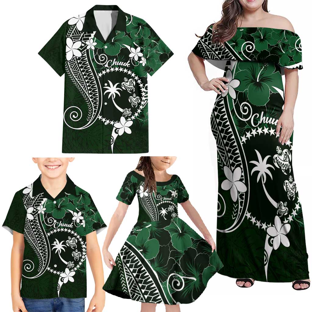 FSM Chuuk Family Matching Off Shoulder Maxi Dress and Hawaiian Shirt Turtle Tropical Flowers Polynesian - Green