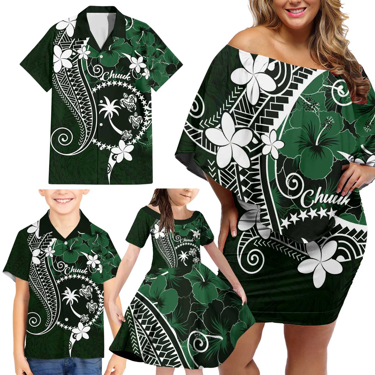 FSM Chuuk Family Matching Off Shoulder Short Dress and Hawaiian Shirt Turtle Tropical Flowers Polynesian - Green