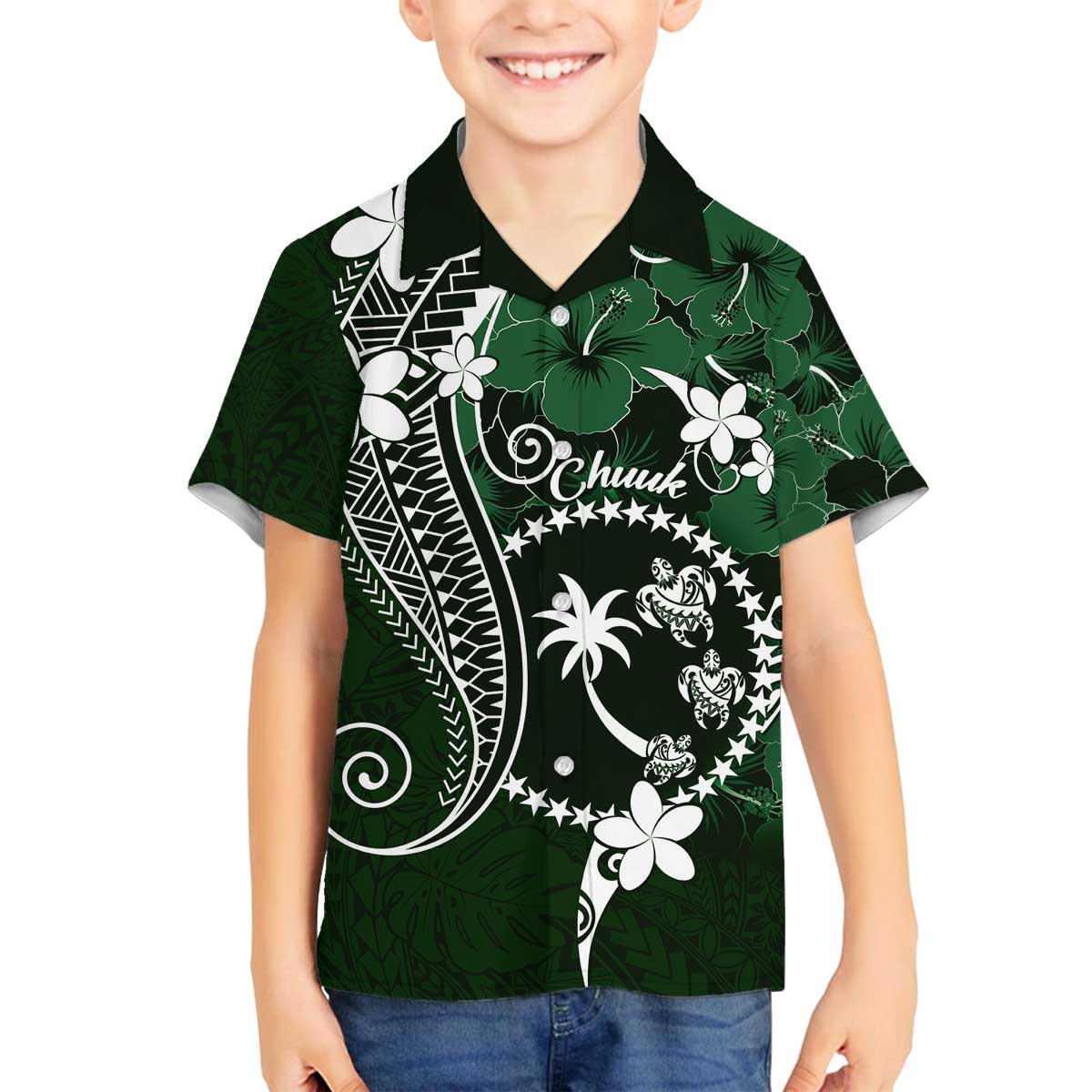 FSM Chuuk Family Matching Off Shoulder Short Dress and Hawaiian Shirt Turtle Tropical Flowers Polynesian - Green