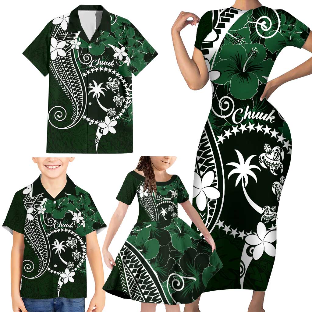 FSM Chuuk Family Matching Short Sleeve Bodycon Dress and Hawaiian Shirt Turtle Tropical Flowers Polynesian - Green