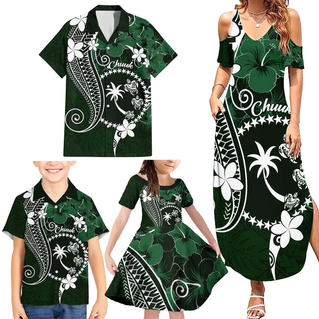 FSM Chuuk Family Matching Summer Maxi Dress and Hawaiian Shirt Turtle Tropical Flowers Polynesian - Green