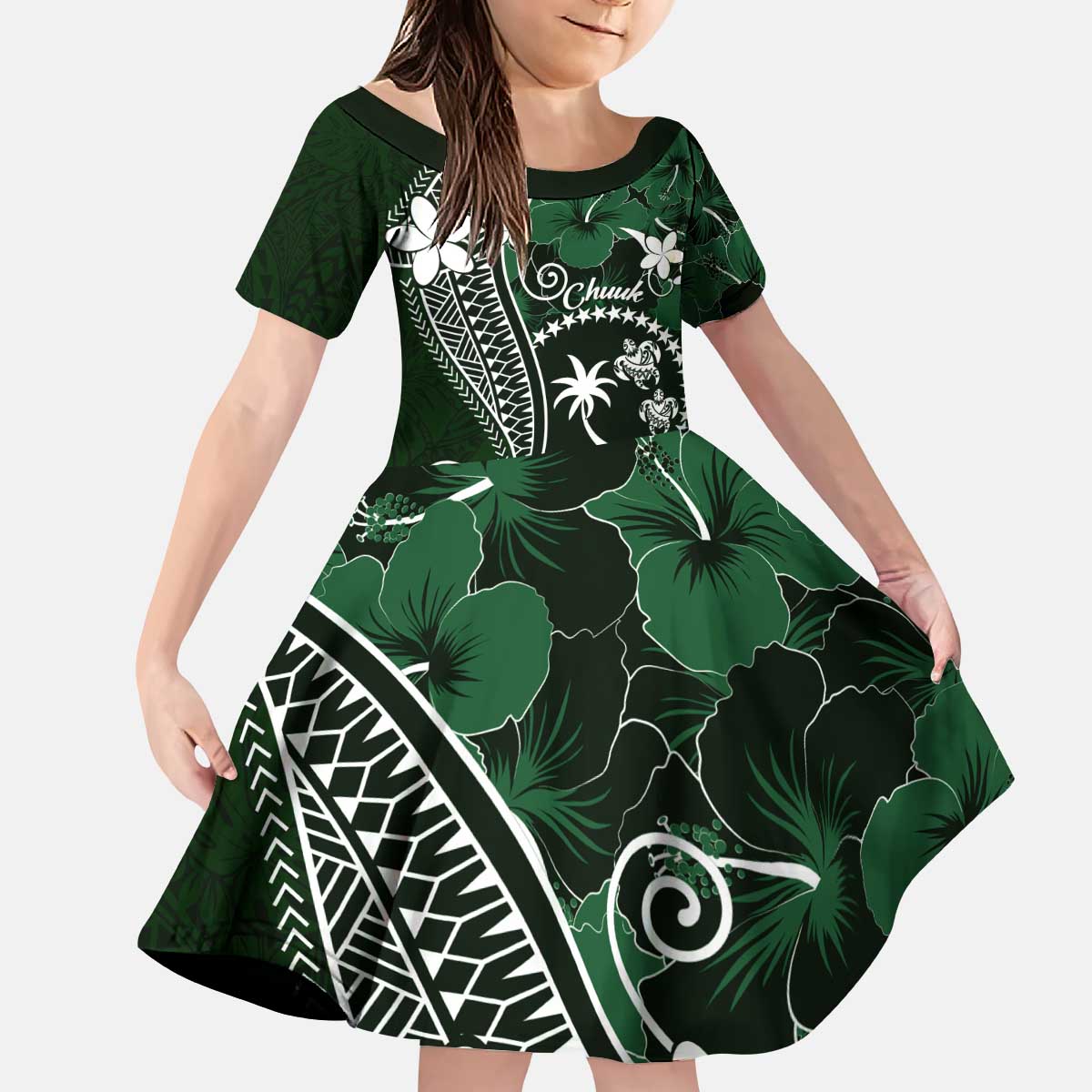 FSM Chuuk Kid Short Sleeve Dress Turtle Tropical Flowers Polynesian - Green