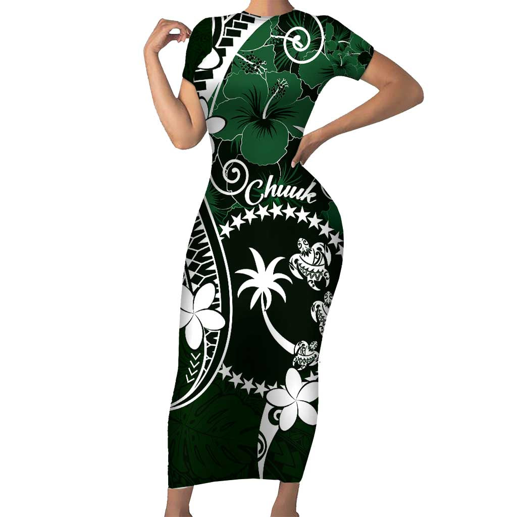 FSM Chuuk Short Sleeve Bodycon Dress Turtle Tropical Flowers Polynesian - Green