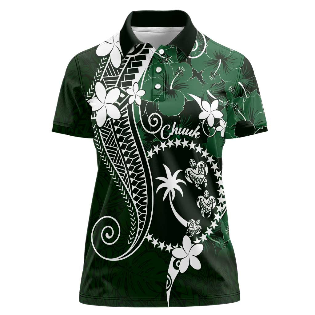 FSM Chuuk Women Polo Shirt Turtle Tropical Flowers Polynesian - Green