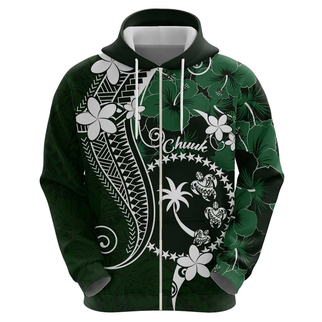 FSM Chuuk Zip Hoodie Turtle Tropical Flowers Polynesian - Green