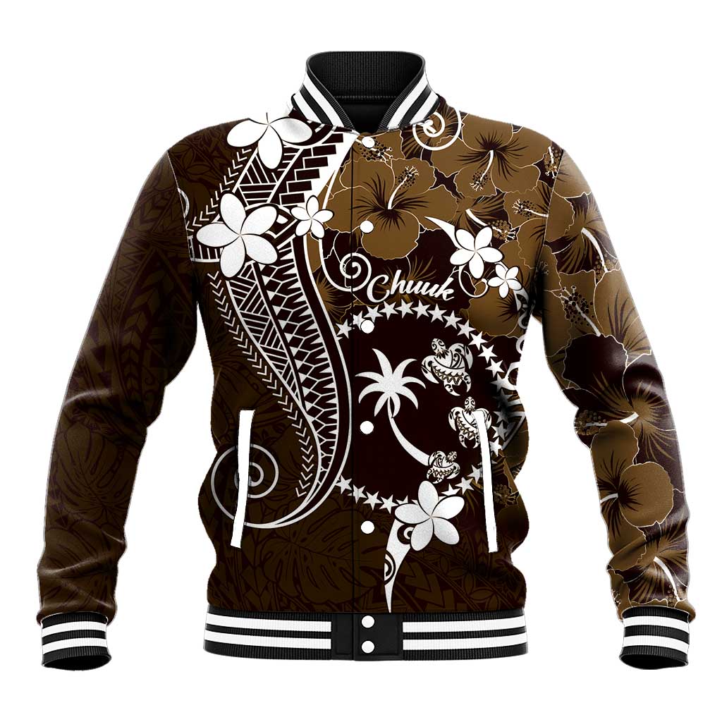 FSM Chuuk Baseball Jacket Turtle Tropical Flowers Polynesian - Brown