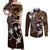 FSM Chuuk Couples Matching Off Shoulder Maxi Dress and Long Sleeve Button Shirt Turtle Tropical Flowers Polynesian - Brown