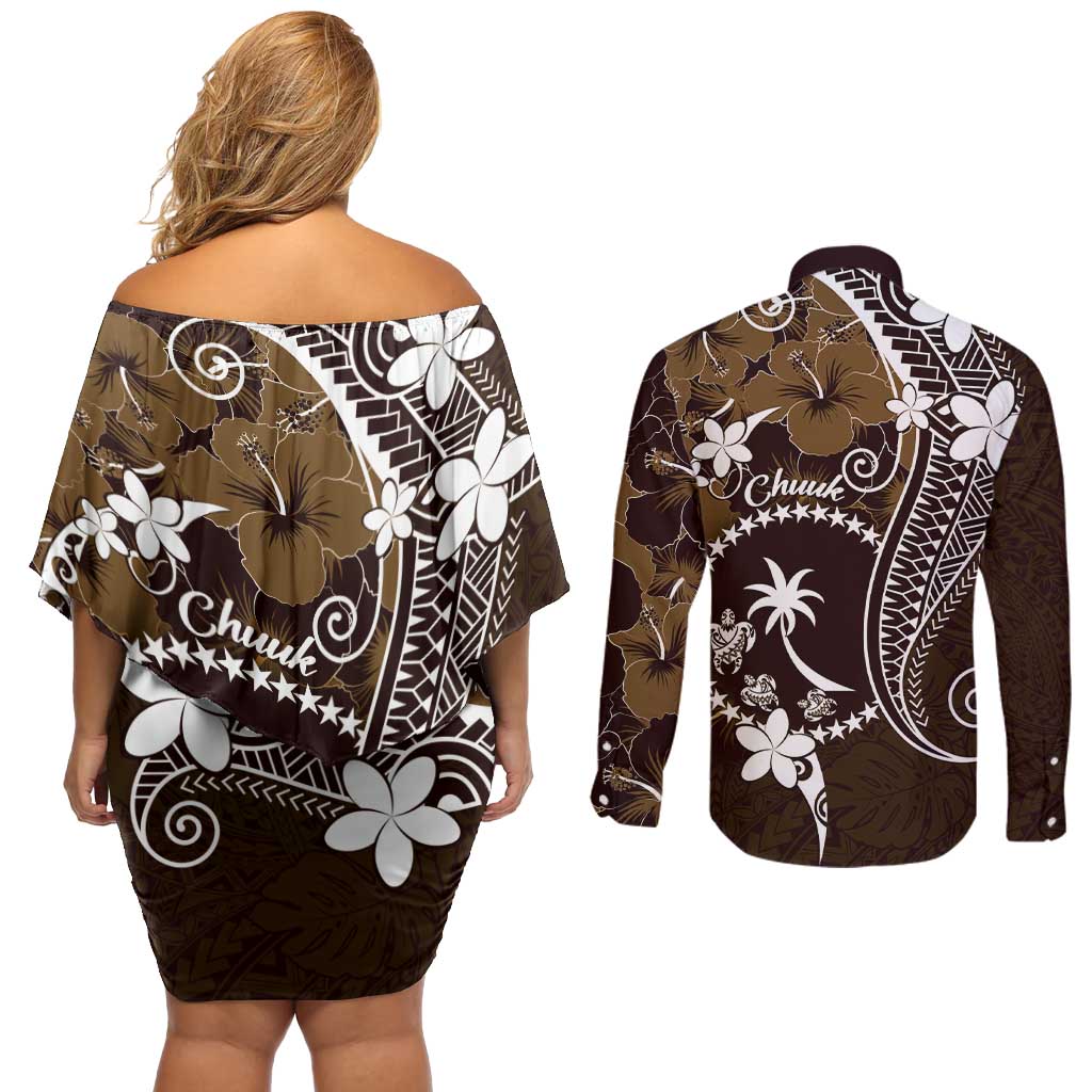 FSM Chuuk Couples Matching Off Shoulder Short Dress and Long Sleeve Button Shirt Turtle Tropical Flowers Polynesian - Brown
