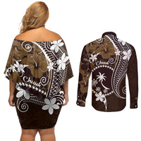 FSM Chuuk Couples Matching Off Shoulder Short Dress and Long Sleeve Button Shirt Turtle Tropical Flowers Polynesian - Brown