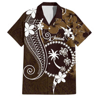 FSM Chuuk Family Matching Long Sleeve Bodycon Dress and Hawaiian Shirt Turtle Tropical Flowers Polynesian - Brown
