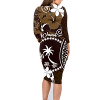 FSM Chuuk Family Matching Long Sleeve Bodycon Dress and Hawaiian Shirt Turtle Tropical Flowers Polynesian - Brown