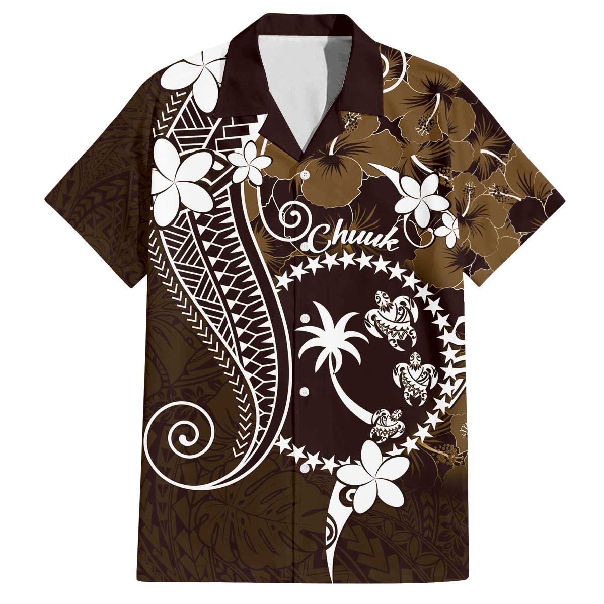 FSM Chuuk Family Matching Off Shoulder Short Dress and Hawaiian Shirt Turtle Tropical Flowers Polynesian - Brown