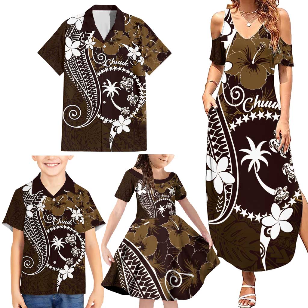 FSM Chuuk Family Matching Summer Maxi Dress and Hawaiian Shirt Turtle Tropical Flowers Polynesian - Brown