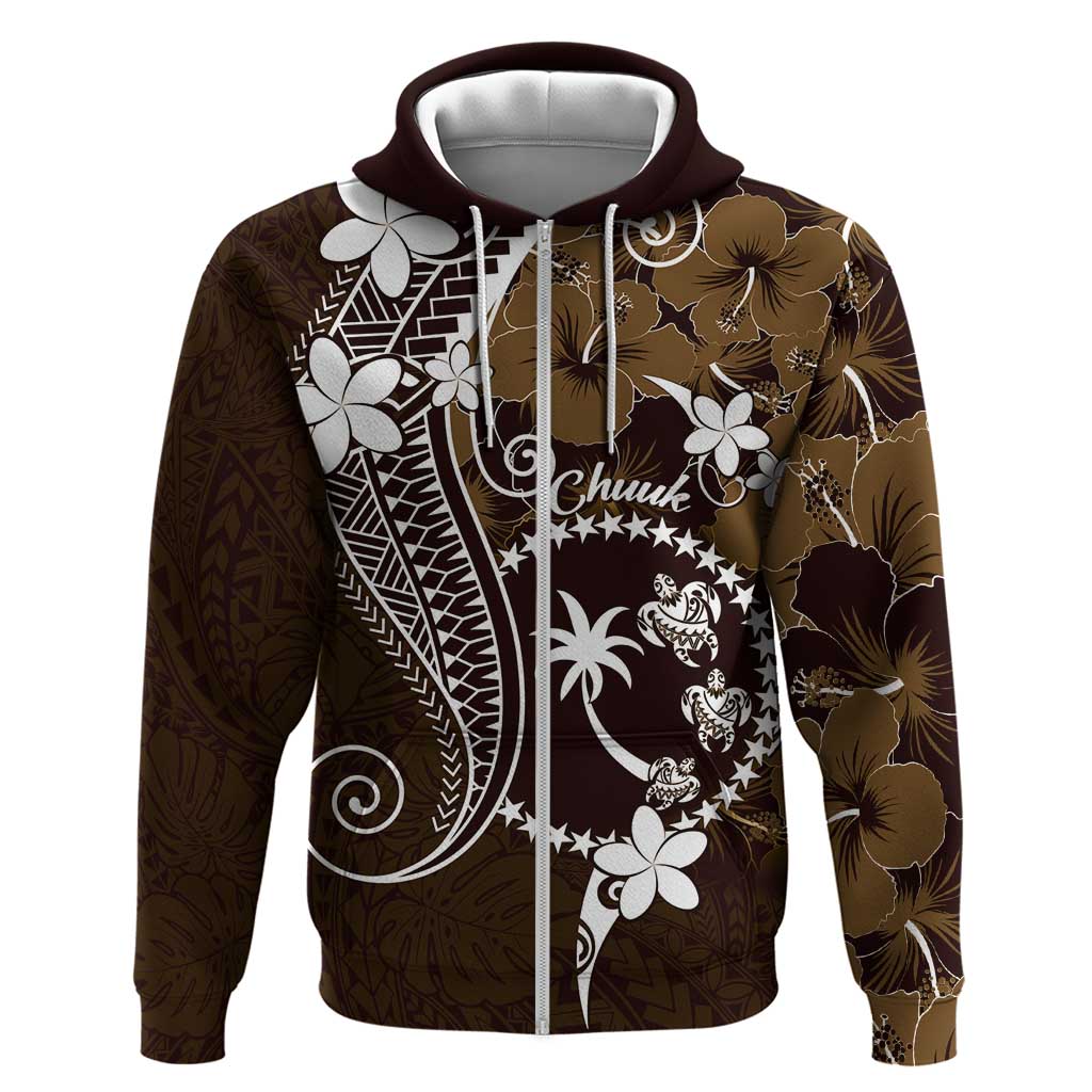 FSM Chuuk Hoodie Turtle Tropical Flowers Polynesian - Brown