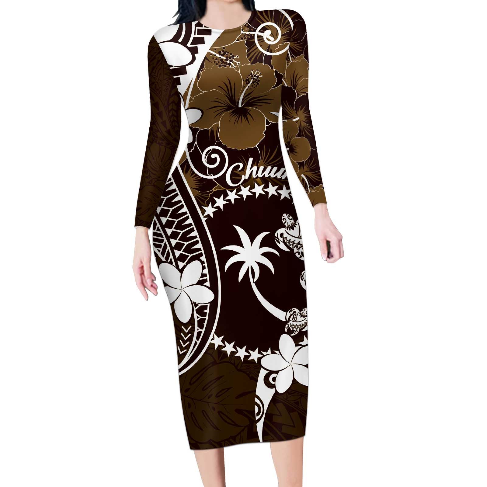 FSM Chuuk Long Sleeve Bodycon Dress Turtle Tropical Flowers Polynesian - Brown