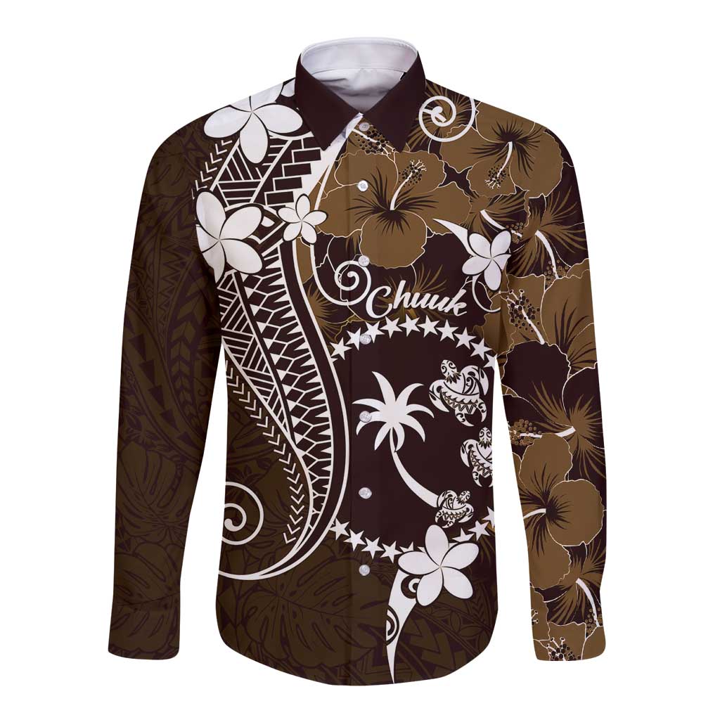 FSM Chuuk Long Sleeve Button Shirt Turtle Tropical Flowers Polynesian - Brown