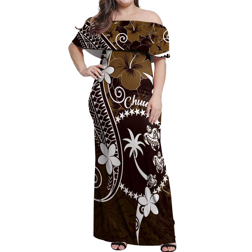 FSM Chuuk Off Shoulder Maxi Dress Turtle Tropical Flowers Polynesian - Brown