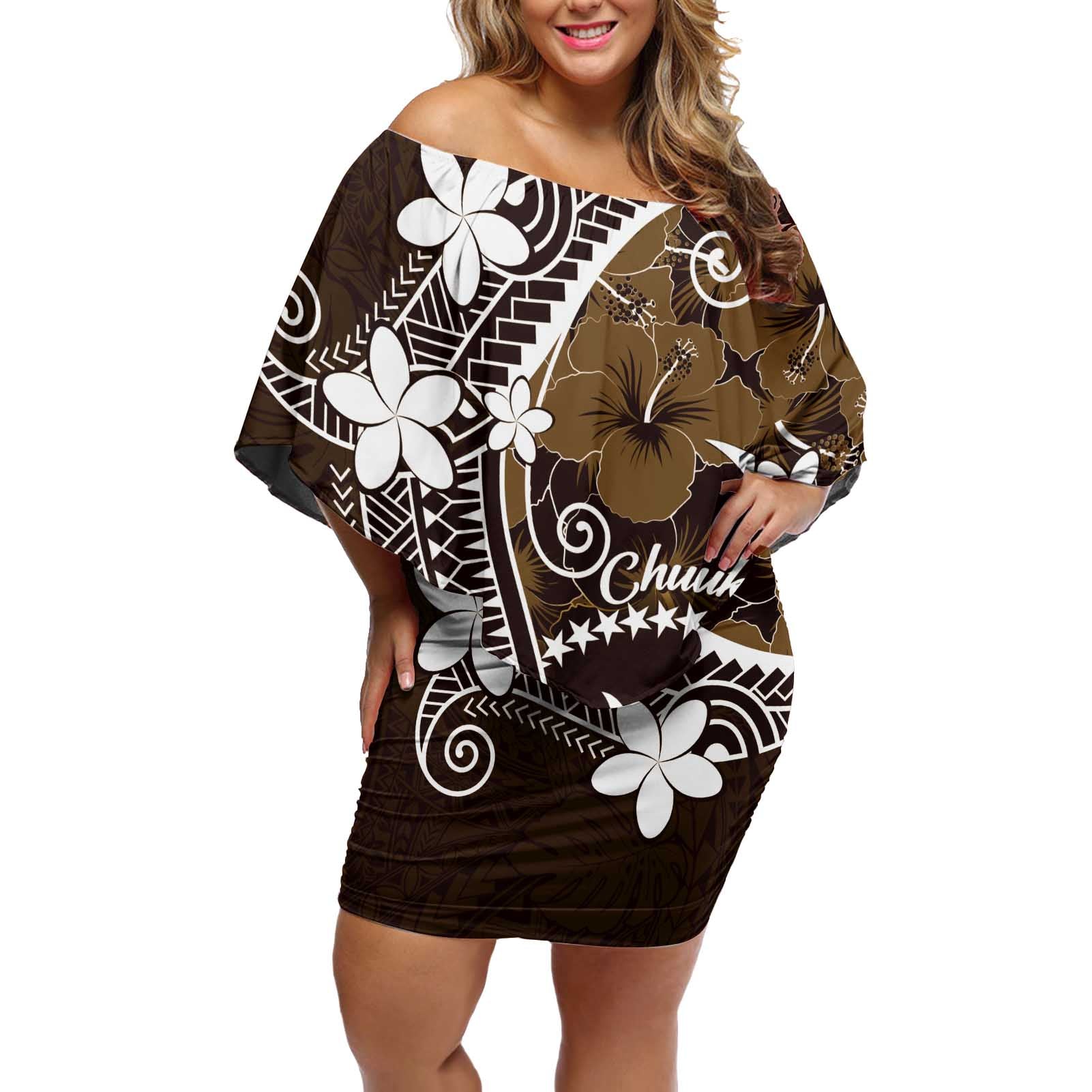 FSM Chuuk Off Shoulder Short Dress Turtle Tropical Flowers Polynesian - Brown