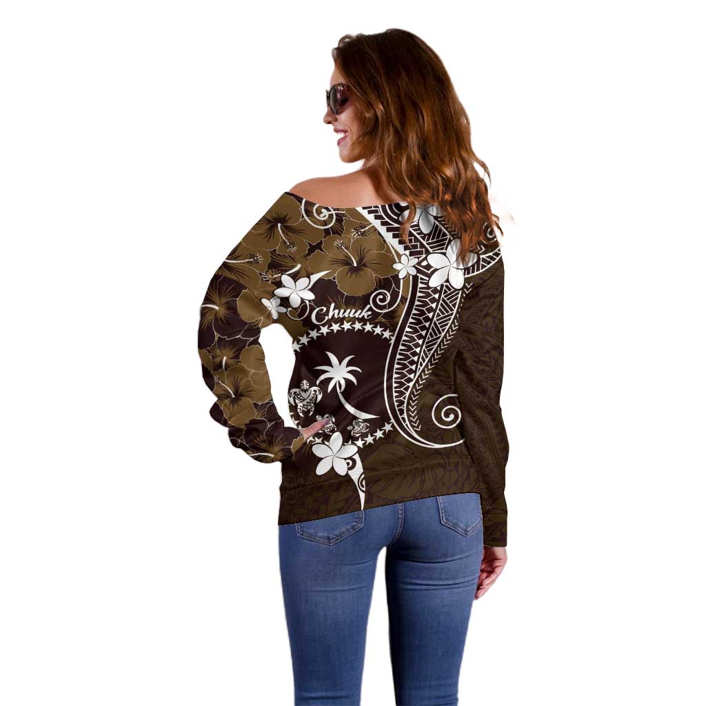 FSM Chuuk Off Shoulder Sweater Turtle Tropical Flowers Polynesian - Brown