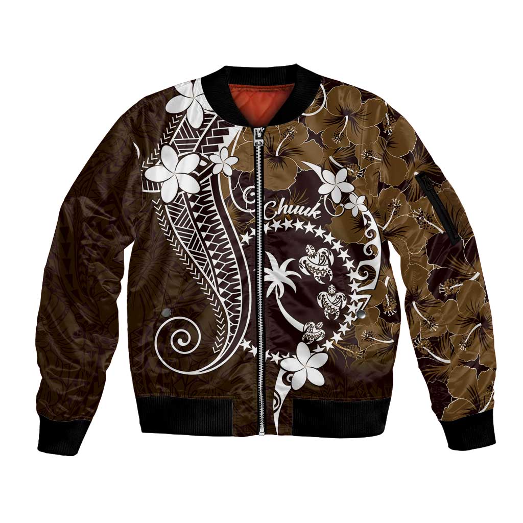 FSM Chuuk Sleeve Zip Bomber Jacket Turtle Tropical Flowers Polynesian - Brown