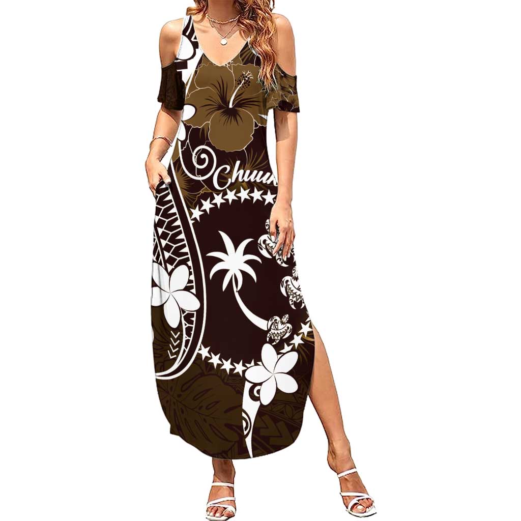 FSM Chuuk Summer Maxi Dress Turtle Tropical Flowers Polynesian - Brown