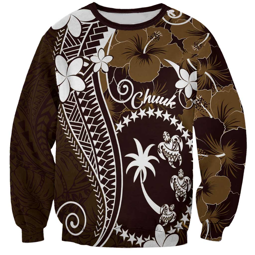 FSM Chuuk Sweatshirt Turtle Tropical Flowers Polynesian - Brown