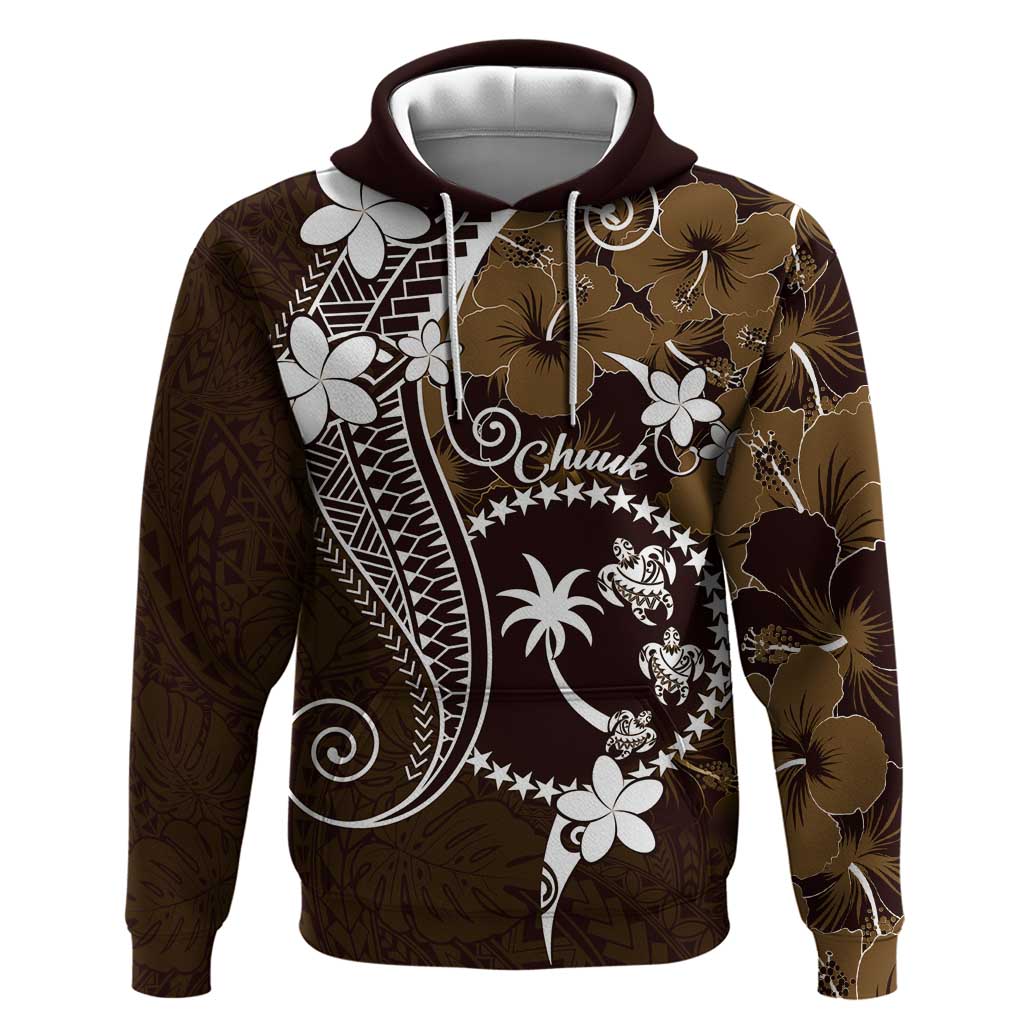 FSM Chuuk Zip Hoodie Turtle Tropical Flowers Polynesian - Brown