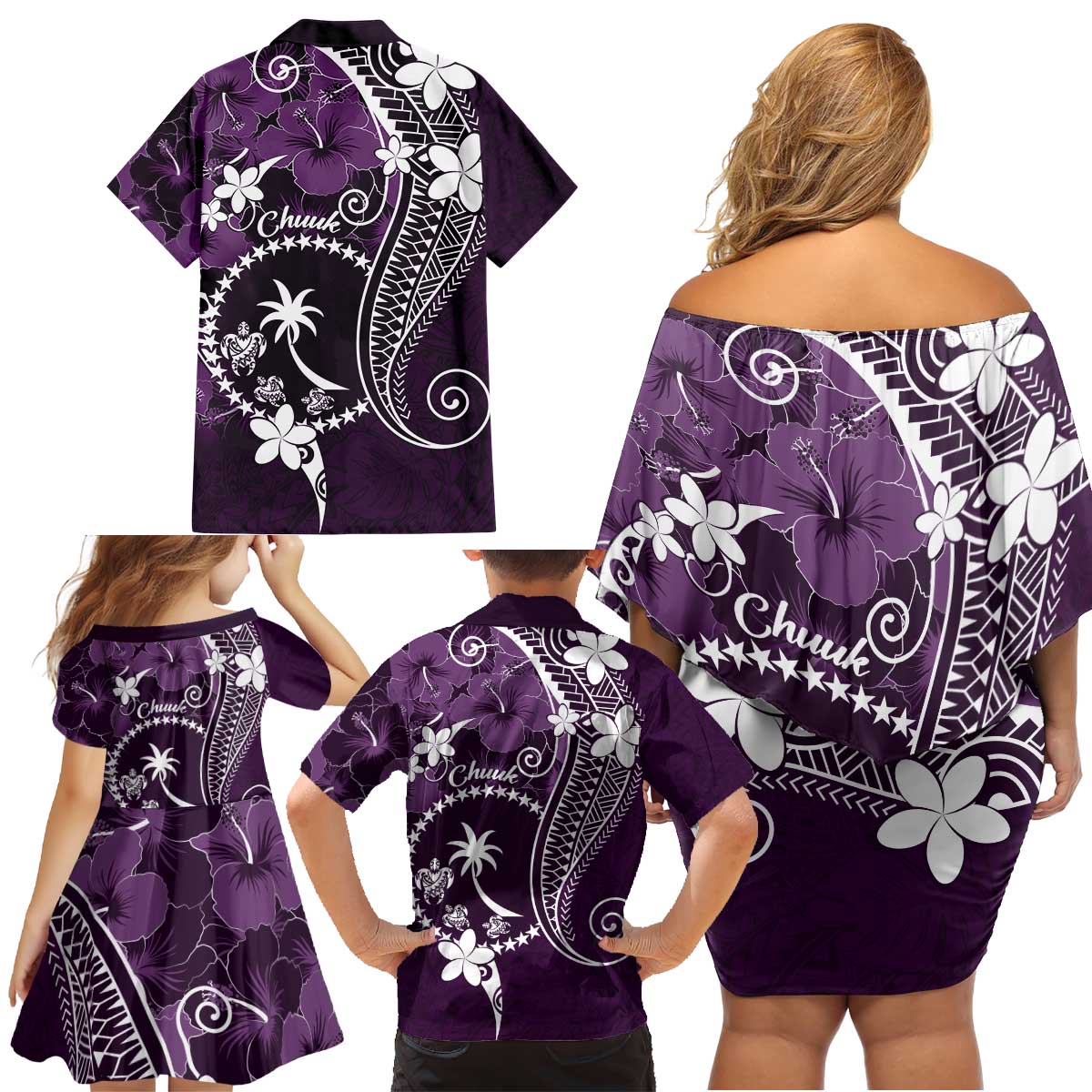 FSM Chuuk Family Matching Off Shoulder Short Dress and Hawaiian Shirt Turtle Tropical Flowers Polynesian - Purple
