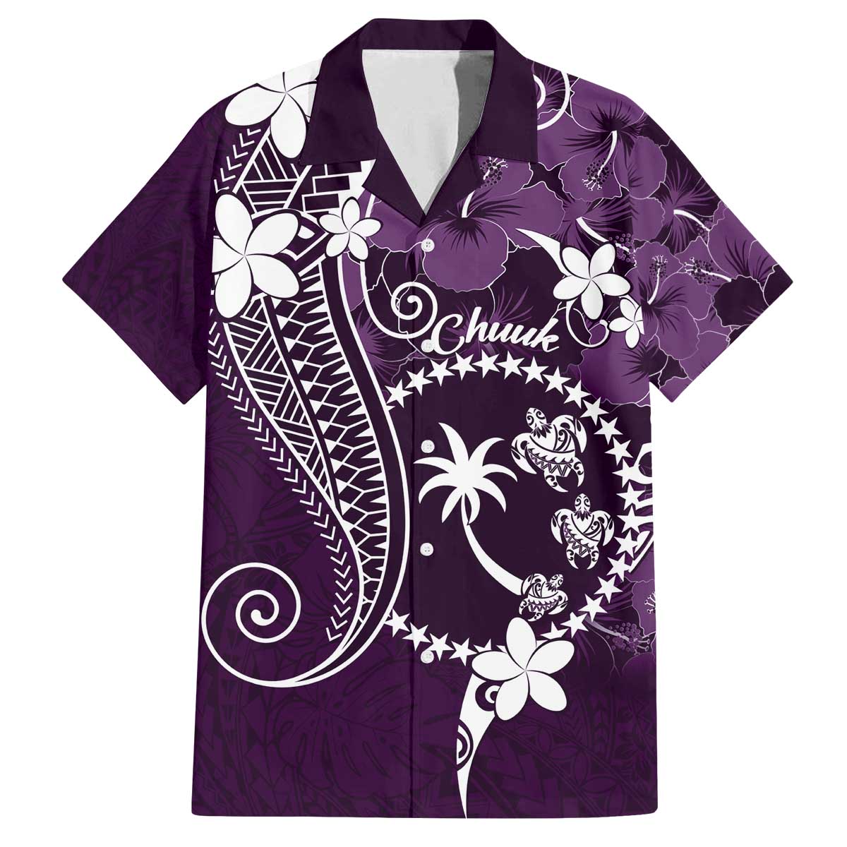 FSM Chuuk Family Matching Off Shoulder Short Dress and Hawaiian Shirt Turtle Tropical Flowers Polynesian - Purple
