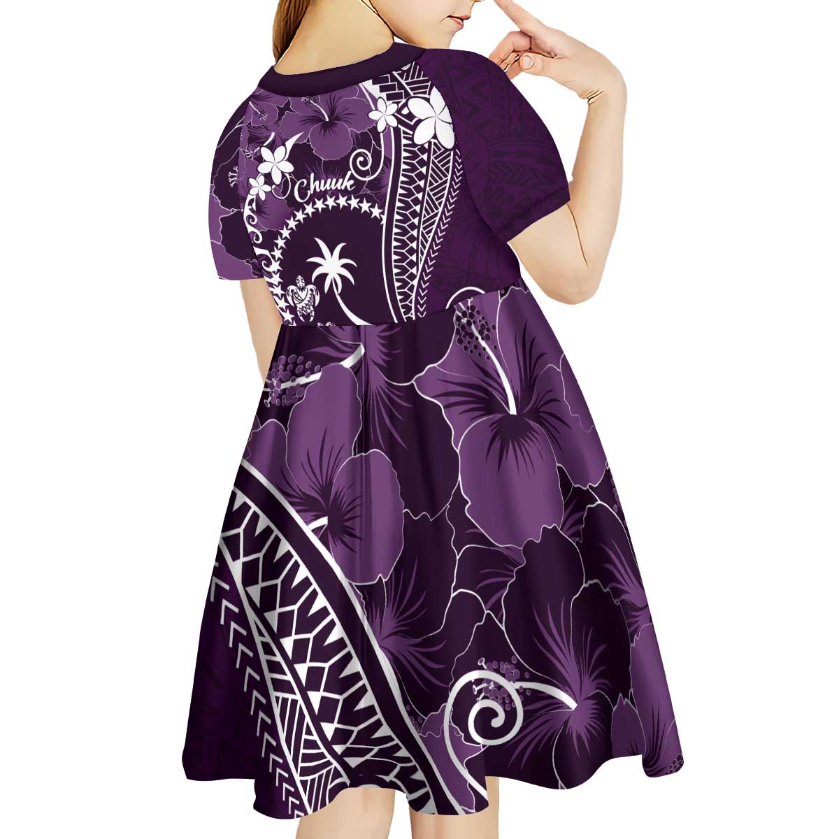 FSM Chuuk Kid Short Sleeve Dress Turtle Tropical Flowers Polynesian - Purple