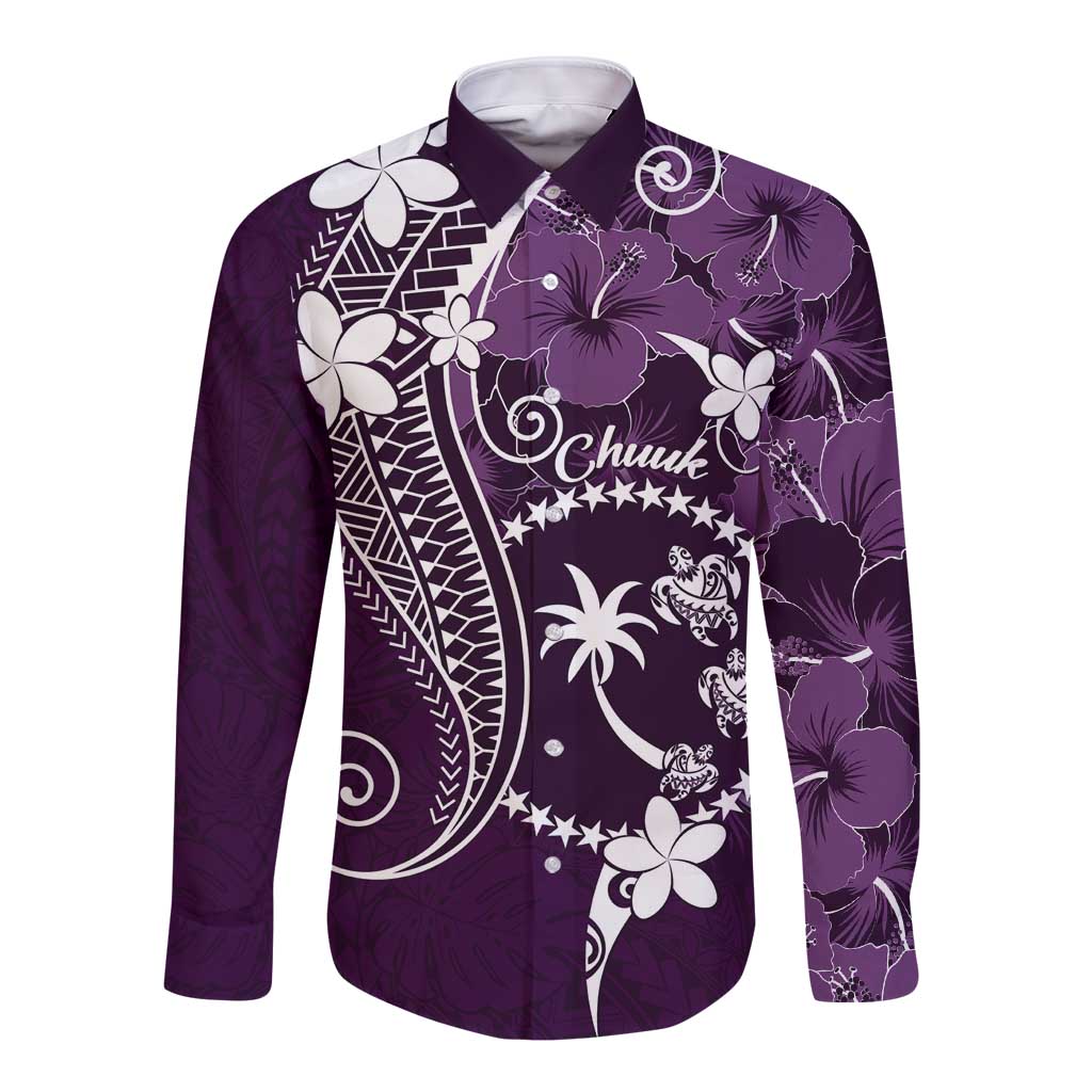 FSM Chuuk Long Sleeve Button Shirt Turtle Tropical Flowers Polynesian - Purple