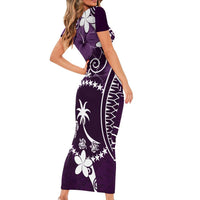 FSM Chuuk Short Sleeve Bodycon Dress Turtle Tropical Flowers Polynesian - Purple