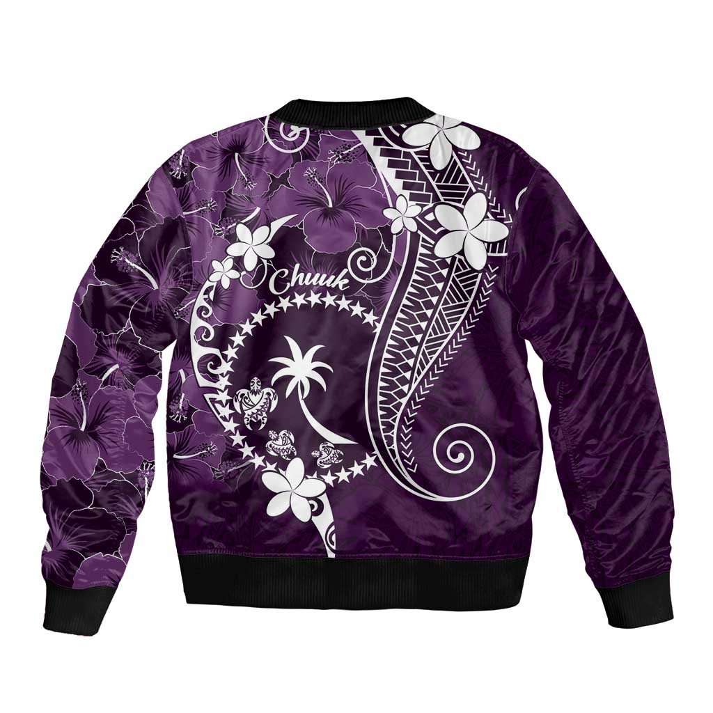 FSM Chuuk Sleeve Zip Bomber Jacket Turtle Tropical Flowers Polynesian - Purple