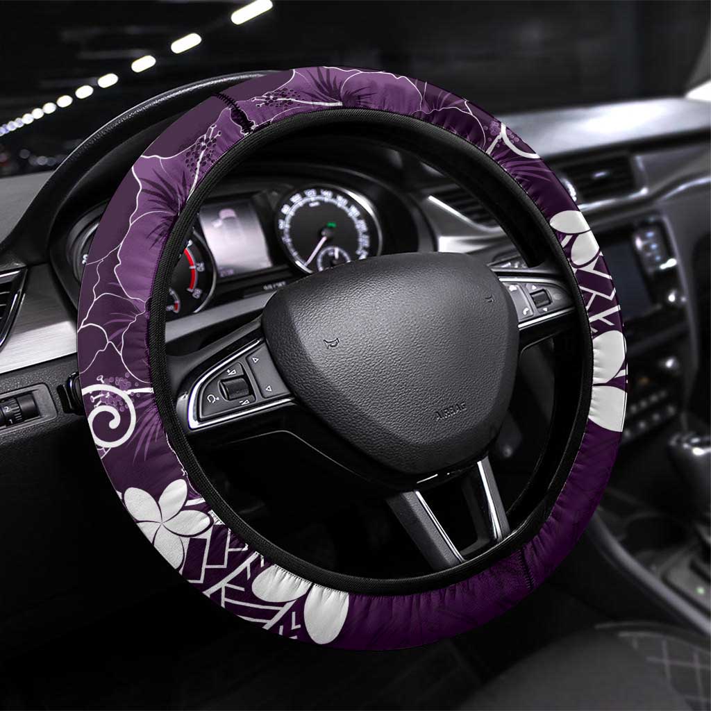 FSM Chuuk Steering Wheel Cover Turtle Tropical Flowers Polynesian - Purple