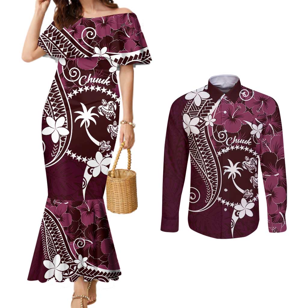 FSM Chuuk Couples Matching Mermaid Dress and Long Sleeve Button Shirt Turtle Tropical Flowers Polynesian - Pink