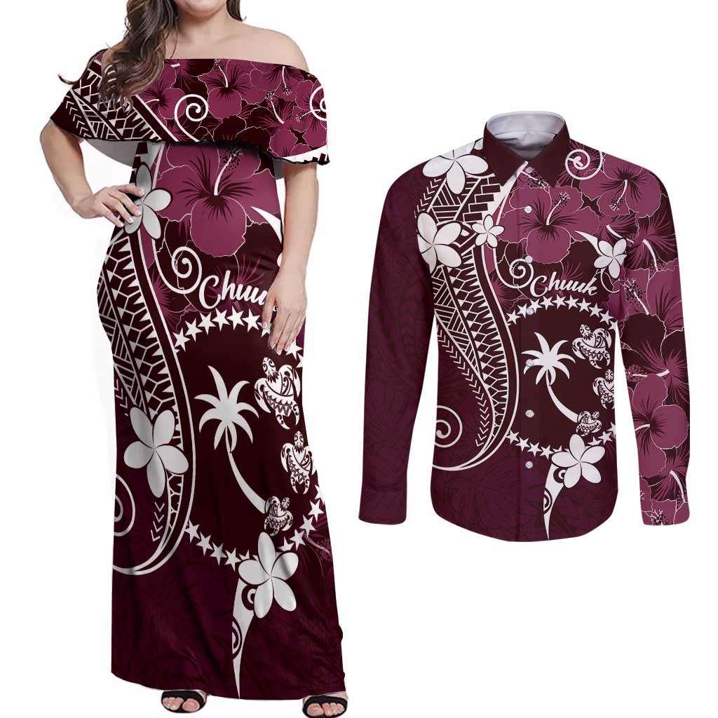 FSM Chuuk Couples Matching Off Shoulder Maxi Dress and Long Sleeve Button Shirt Turtle Tropical Flowers Polynesian - Pink