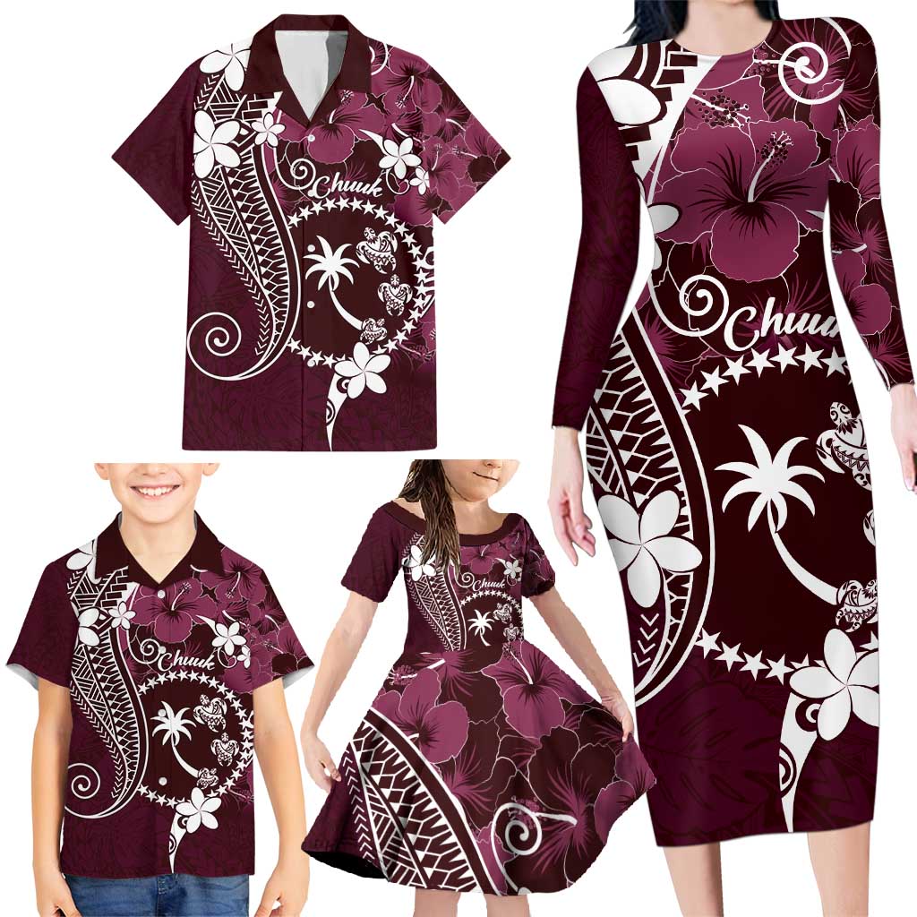 FSM Chuuk Family Matching Long Sleeve Bodycon Dress and Hawaiian Shirt Turtle Tropical Flowers Polynesian - Pink