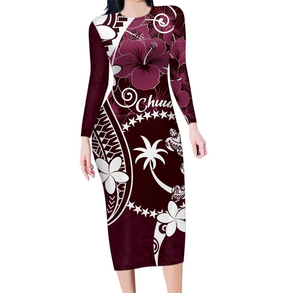 FSM Chuuk Family Matching Long Sleeve Bodycon Dress and Hawaiian Shirt Turtle Tropical Flowers Polynesian - Pink