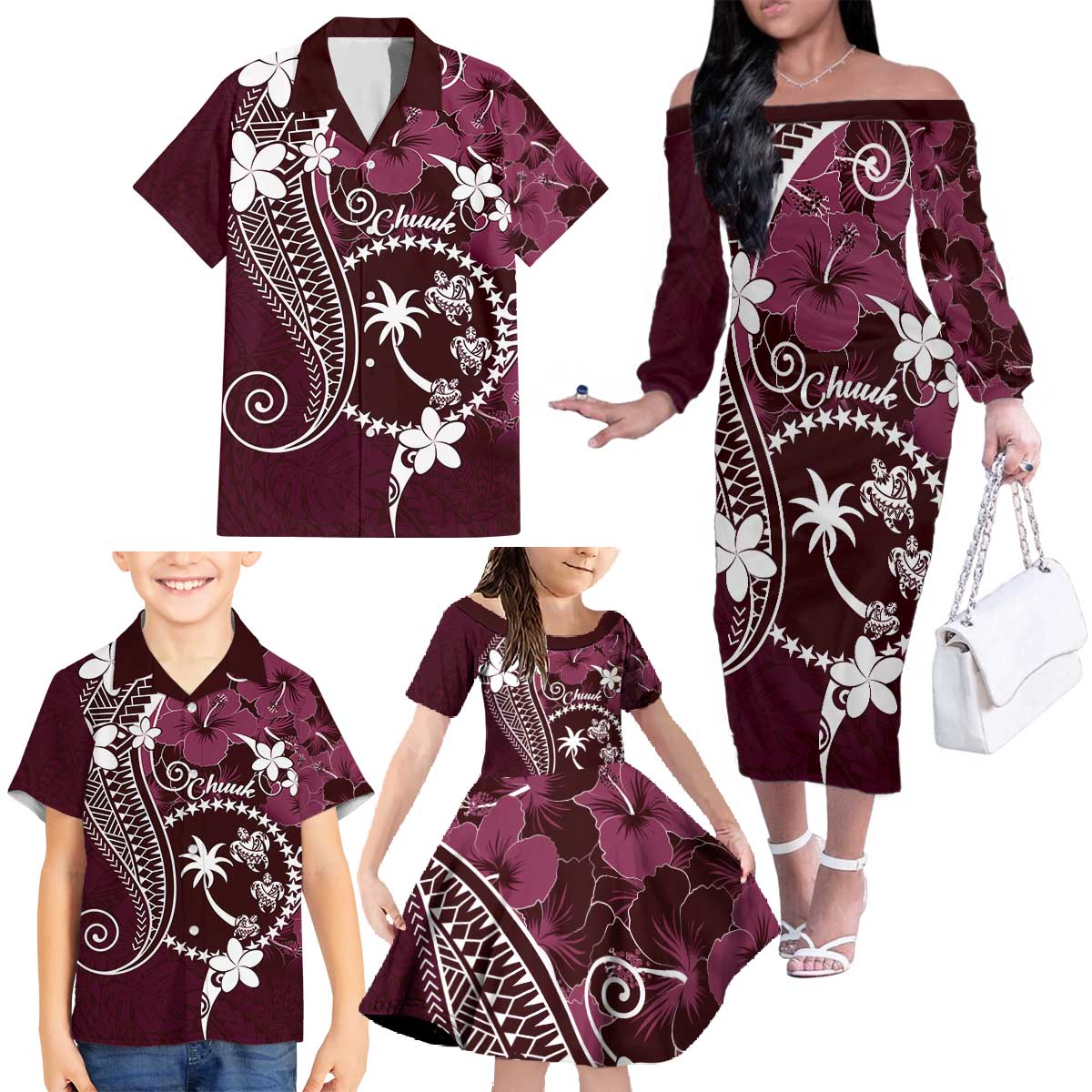 FSM Chuuk Family Matching Off The Shoulder Long Sleeve Dress and Hawaiian Shirt Turtle Tropical Flowers Polynesian - Pink