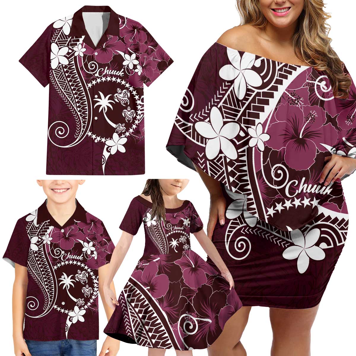 FSM Chuuk Family Matching Off Shoulder Short Dress and Hawaiian Shirt Turtle Tropical Flowers Polynesian - Pink