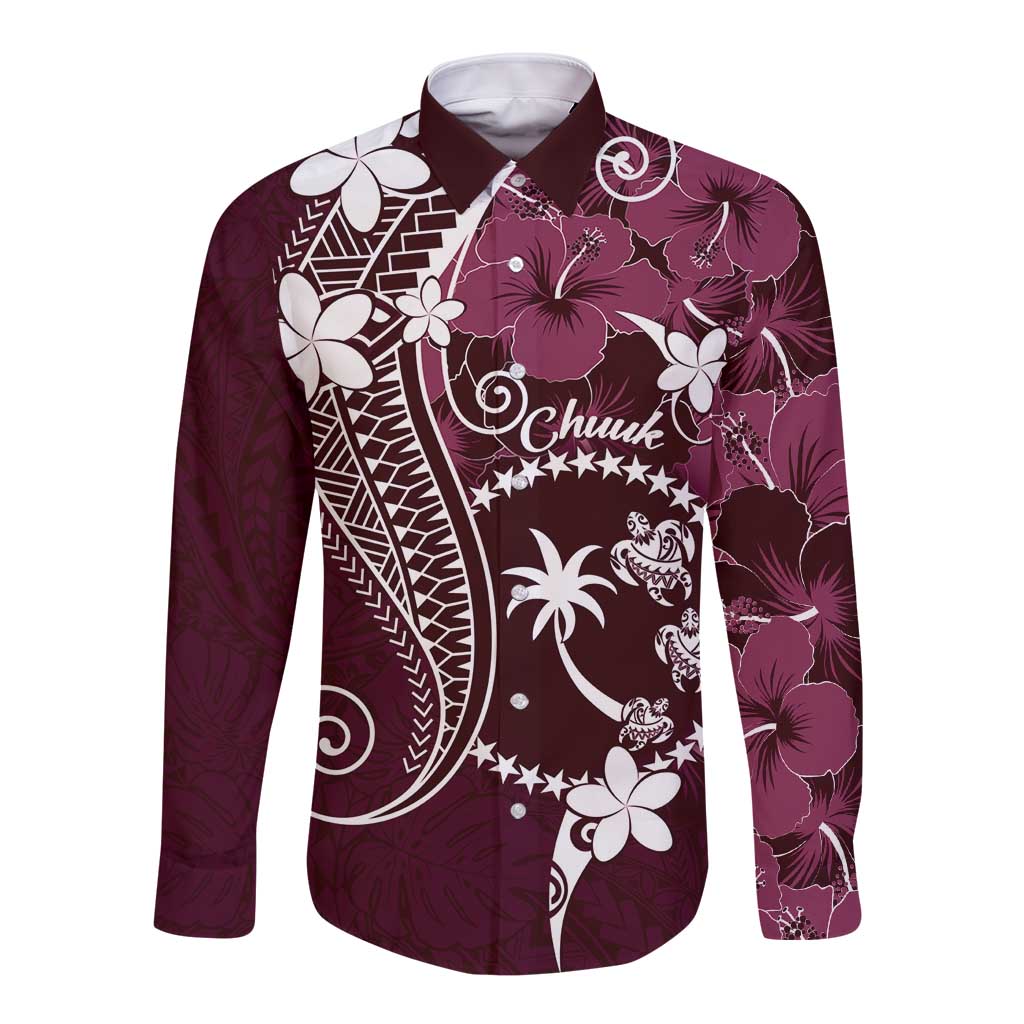 FSM Chuuk Long Sleeve Button Shirt Turtle Tropical Flowers Polynesian - Pink