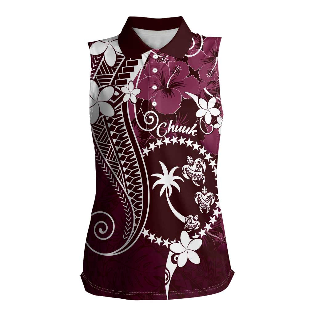 FSM Chuuk Women Sleeveless Polo Shirt Turtle Tropical Flowers Polynesian - Pink