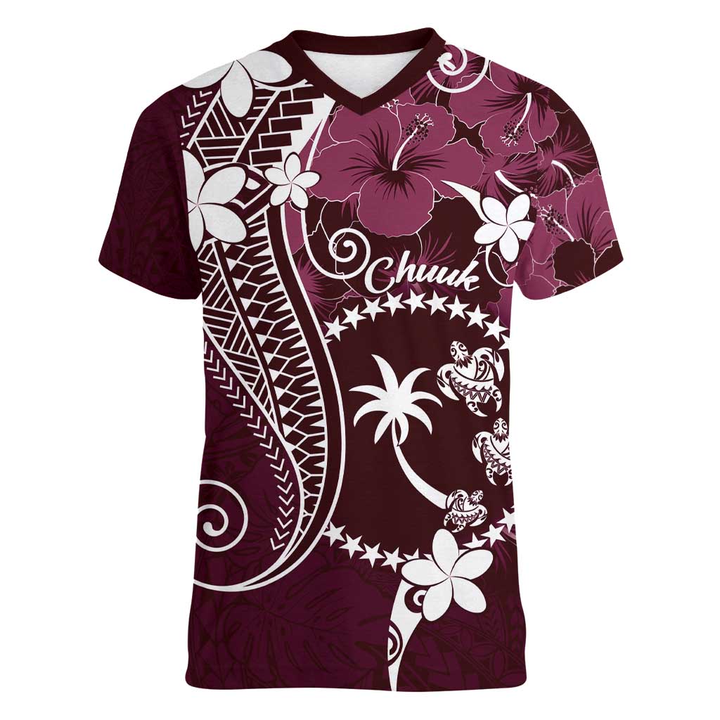 FSM Chuuk Women V-Neck T-Shirt Turtle Tropical Flowers Polynesian - Pink