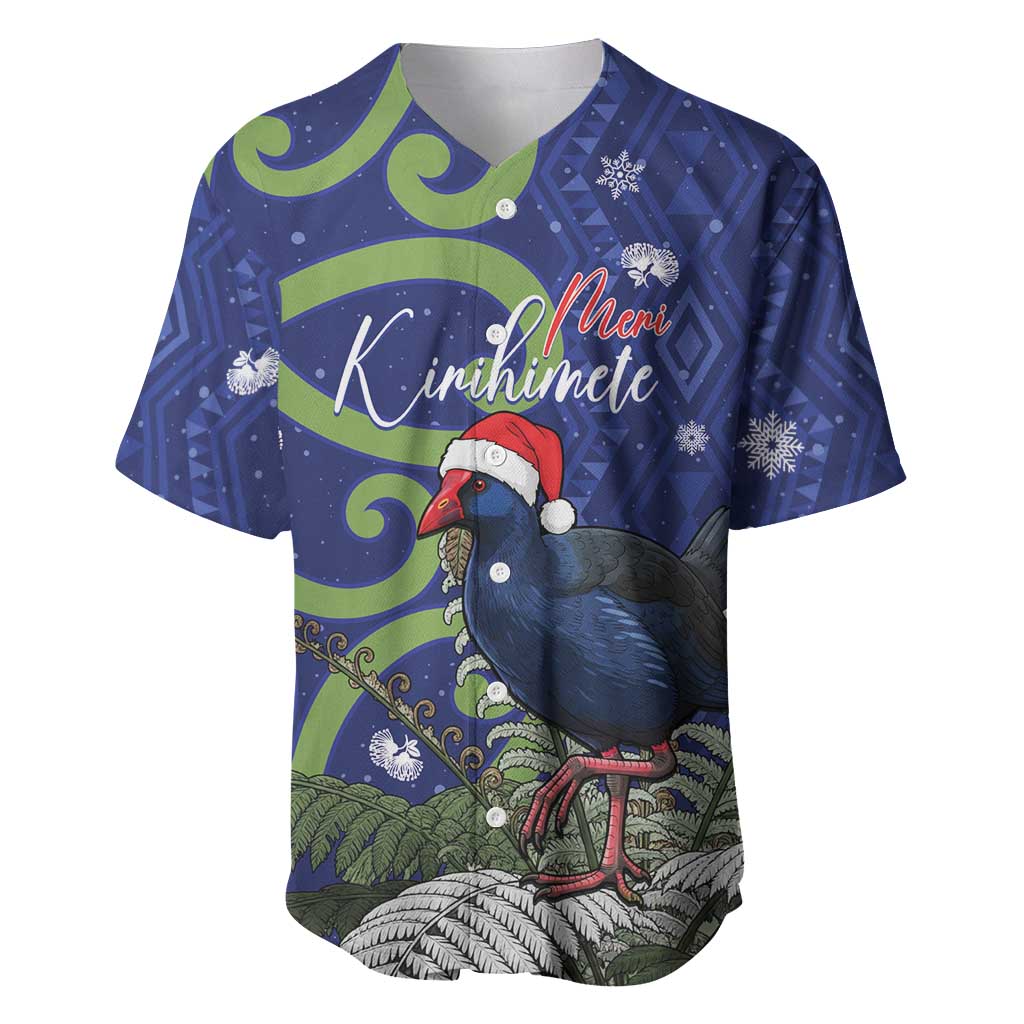 Personalized New Zealand Pukeko Christmas Baseball Jersey Meri Kirihimete Taniko Ponga Koru Blue - Polynesian Pride