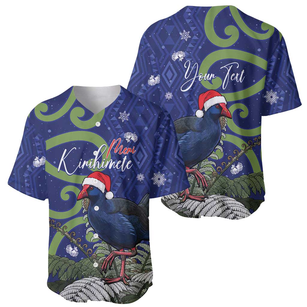 Personalized New Zealand Pukeko Christmas Baseball Jersey Meri Kirihimete Taniko Ponga Koru Blue - Polynesian Pride