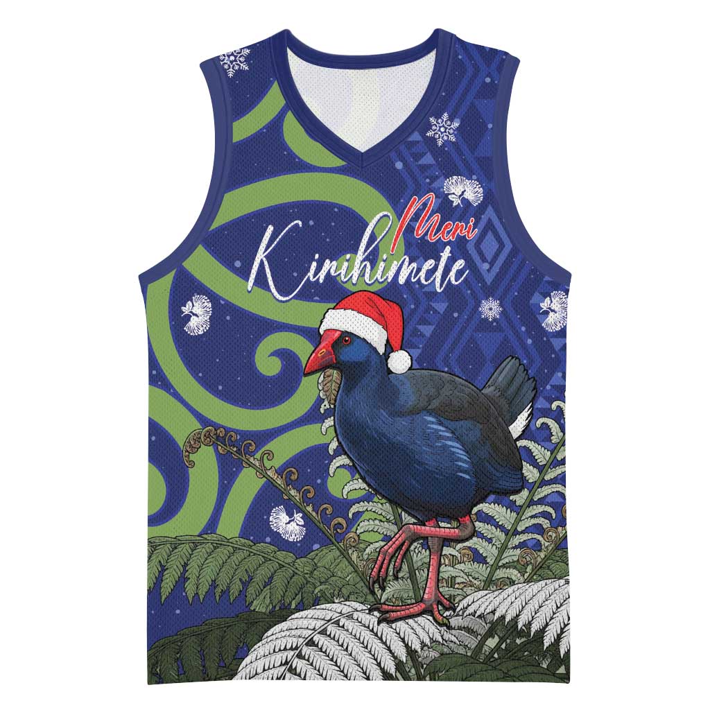 Personalized New Zealand Pukeko Christmas Basketball Jersey Meri Kirihimete Taniko Ponga Koru Blue - Polynesian Pride