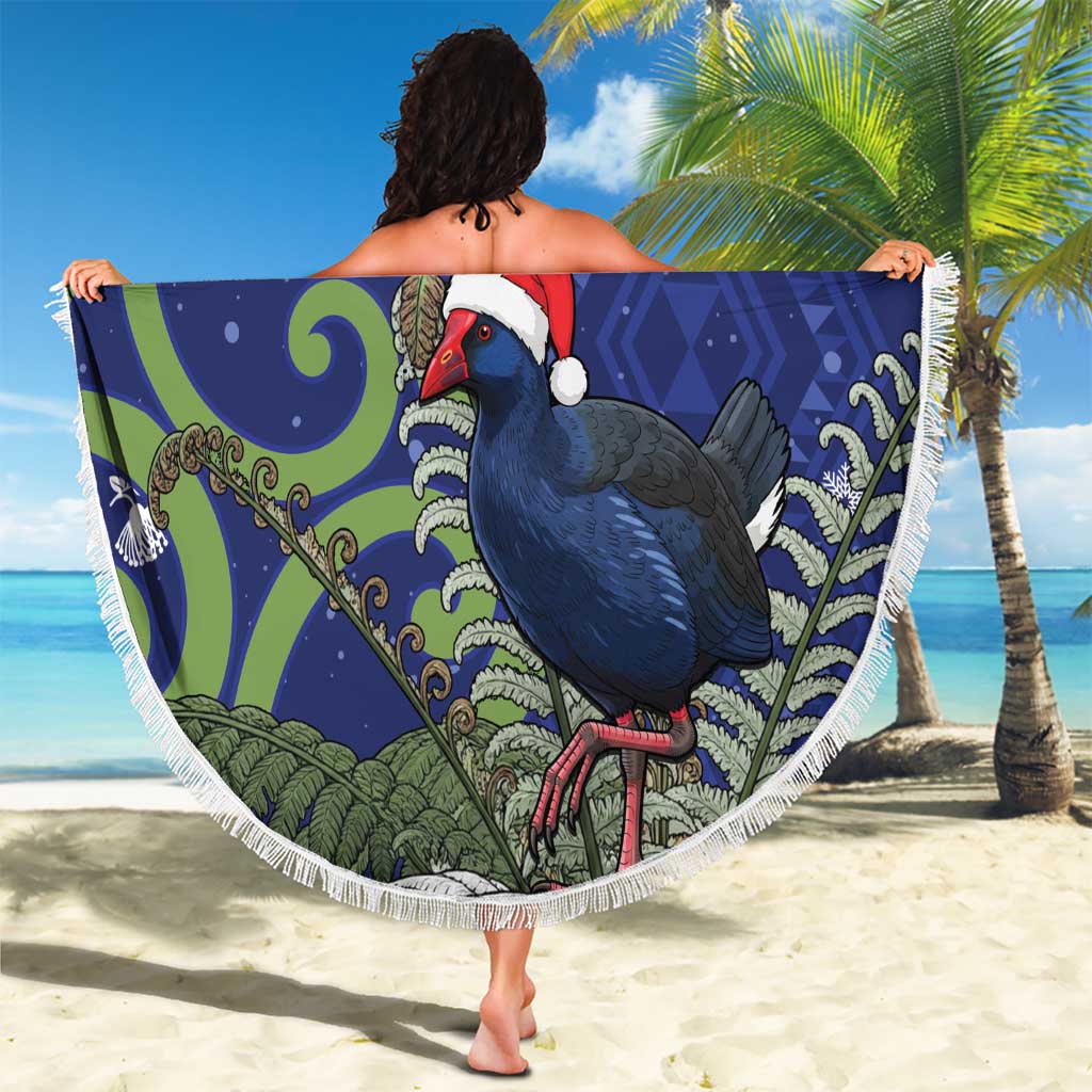 Personalized New Zealand Pukeko Christmas Beach Blanket Meri Kirihimete Taniko Ponga Koru Blue - Polynesian Pride