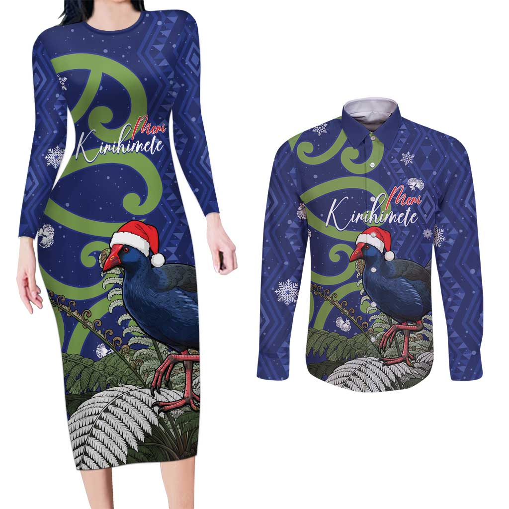 Personalized New Zealand Pukeko Christmas Couples Matching Long Sleeve Bodycon Dress and Long Sleeve Button Shirt Meri Kirihimete Taniko Ponga Koru Blue - Polynesian Pride