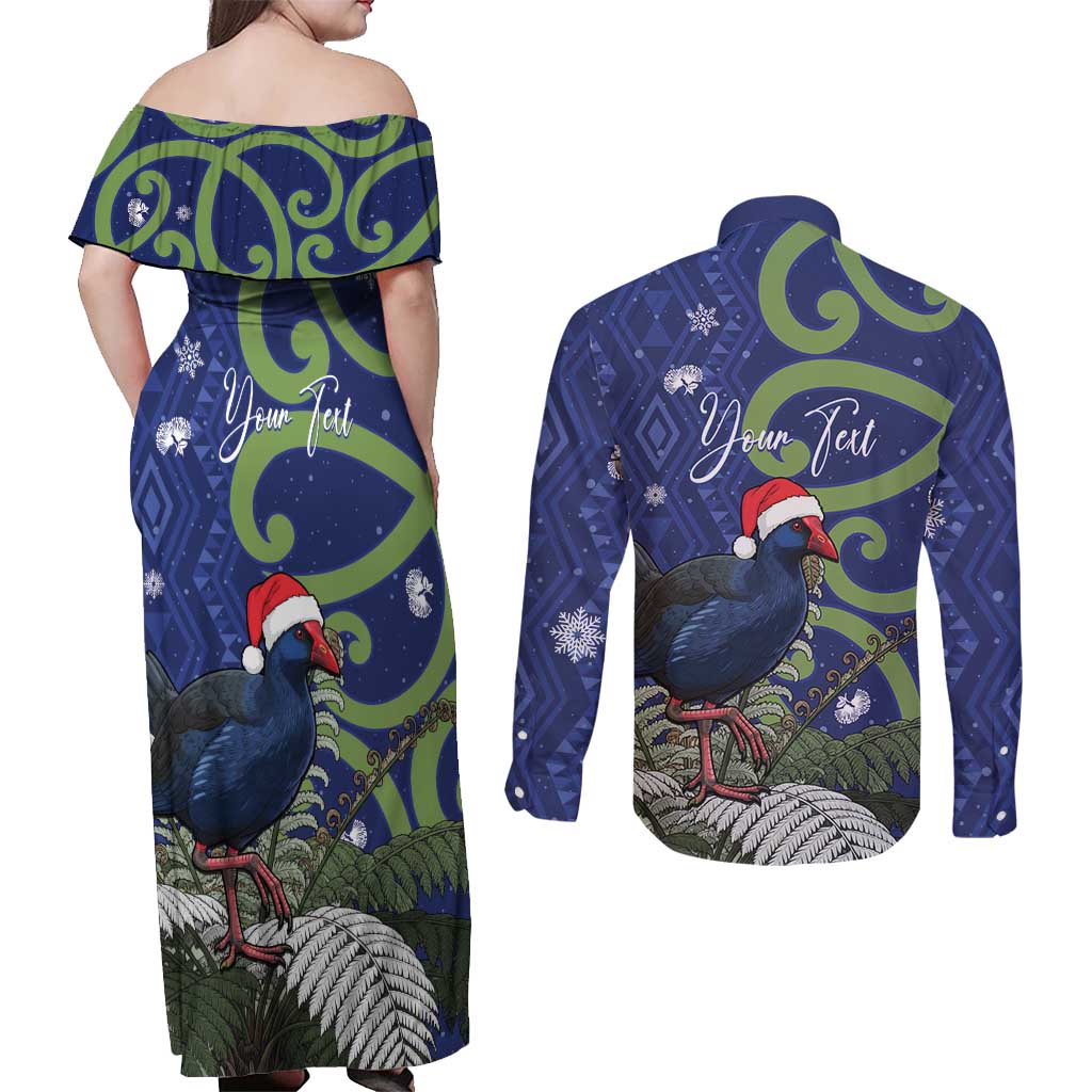 Personalized New Zealand Pukeko Christmas Couples Matching Off Shoulder Maxi Dress and Long Sleeve Button Shirt Meri Kirihimete Taniko Ponga Koru Blue - Polynesian Pride